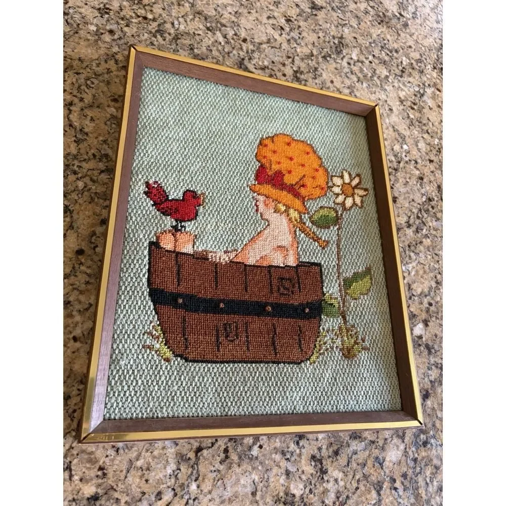 Vintage Needlepoint Finished Framed Saturday Night Bath Girl Birth Bath